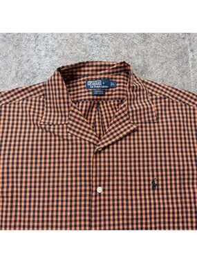 Polo Ralph Lauren Caldwell Camp Shirt Men L Orange Blue Check Short Sleeve